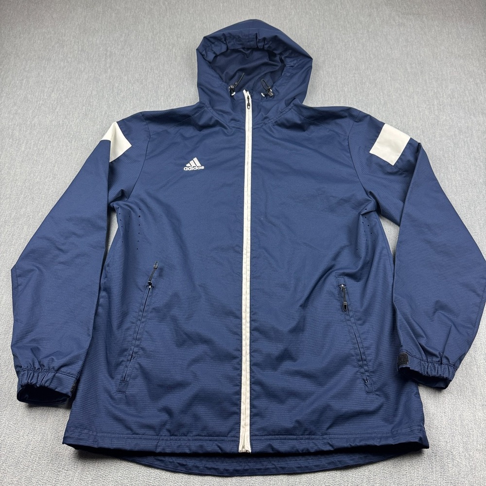 Adidas Jacket Mens Medium Blue Windbreaker Full Zip Hooded Athletic Running